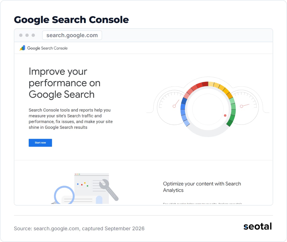 Google Search Console landing page headline Improve your performance on Google Search with a Start now button