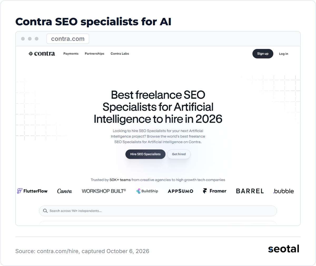 Contra hiring page headline Best freelance SEO Specialists for Artificial Intelligence to hire in 2026, trusted by 50K+ teams