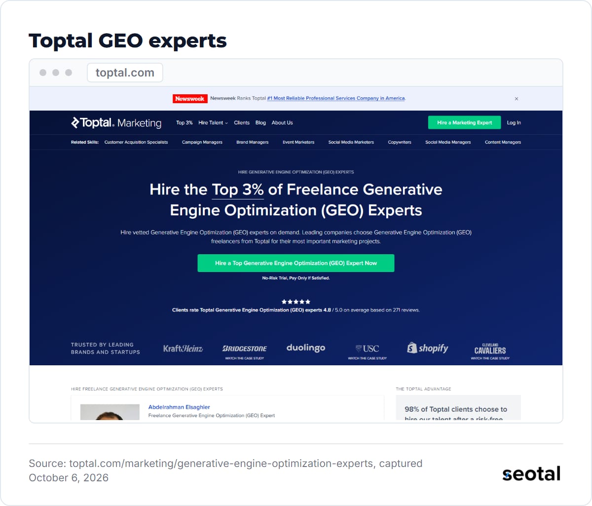 Toptal Marketing page headline Hire the Top 3% of Freelance Generative Engine Optimization (GEO) Experts, rated 4.8 out of 5 from 271 reviews