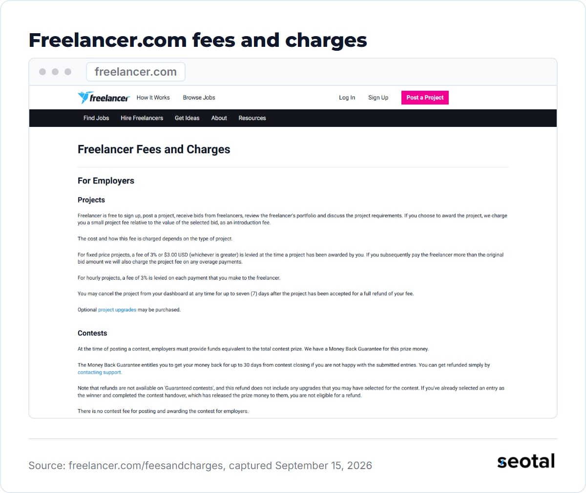 Freelancer.com Fees and Charges page, For Employers section, stating a fee of 3% or $3.00 USD on fixed price projects