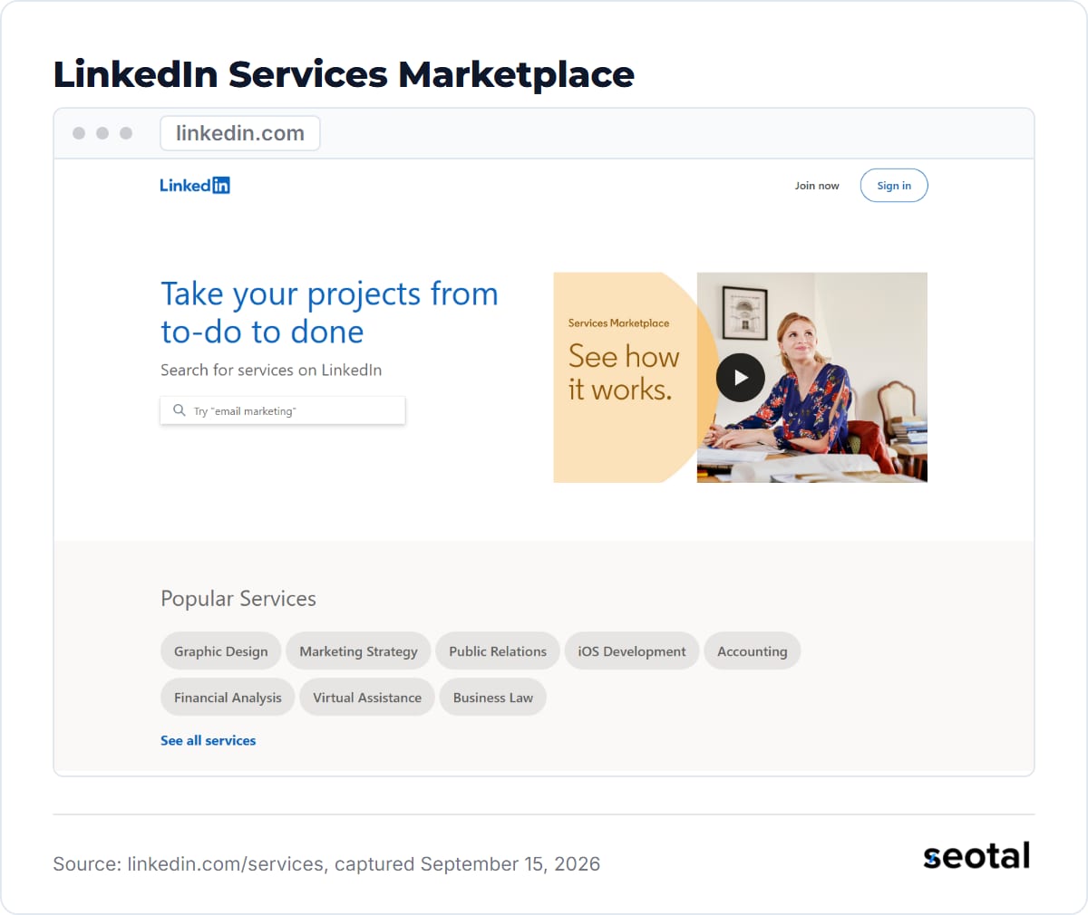 LinkedIn Services Marketplace page headline Take your projects from to-do to done, with a search box and popular services such as Marketing Strategy
