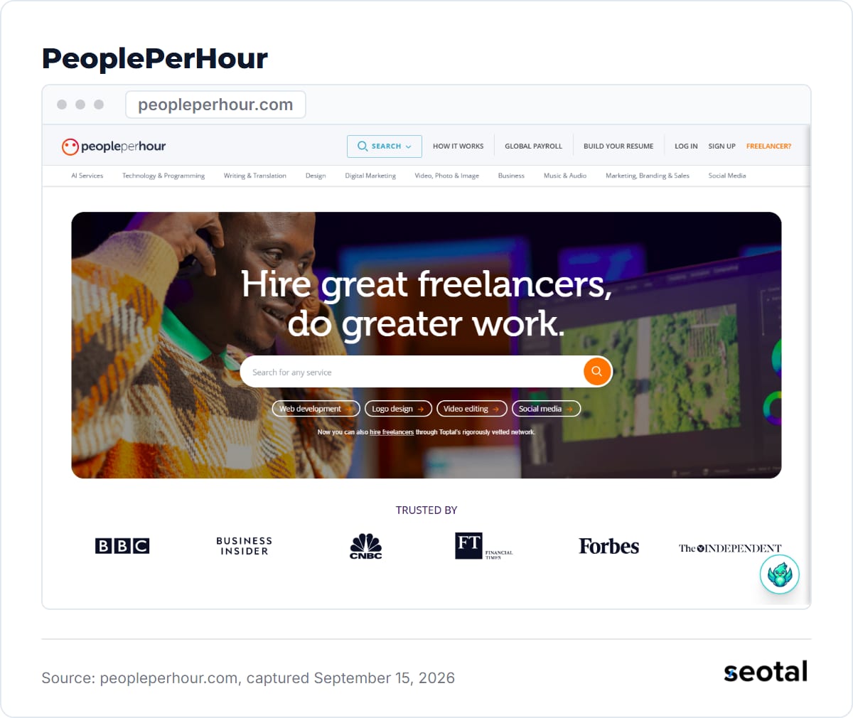 PeoplePerHour homepage headline Hire great freelancers, do greater work, with a service search box and a note on hiring through Toptal's vetted network