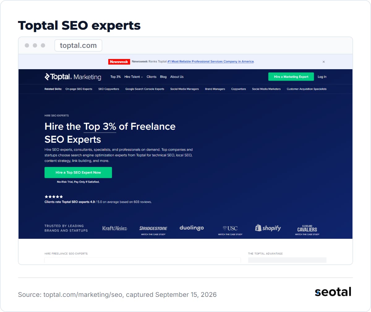Toptal Marketing page headline Hire the Top 3% of Freelance SEO Experts, with a No-Risk Trial note and client logos